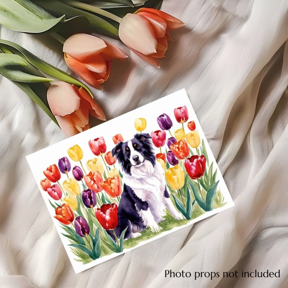 Border Collie  in a Field of Tulips, Spring Collection Blank Note Card Set - Picture 2 of 12